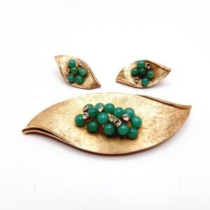 Vintage Gold Leaf Brooch & Earrings Set, Green Beads & Rhinestones, 1950s